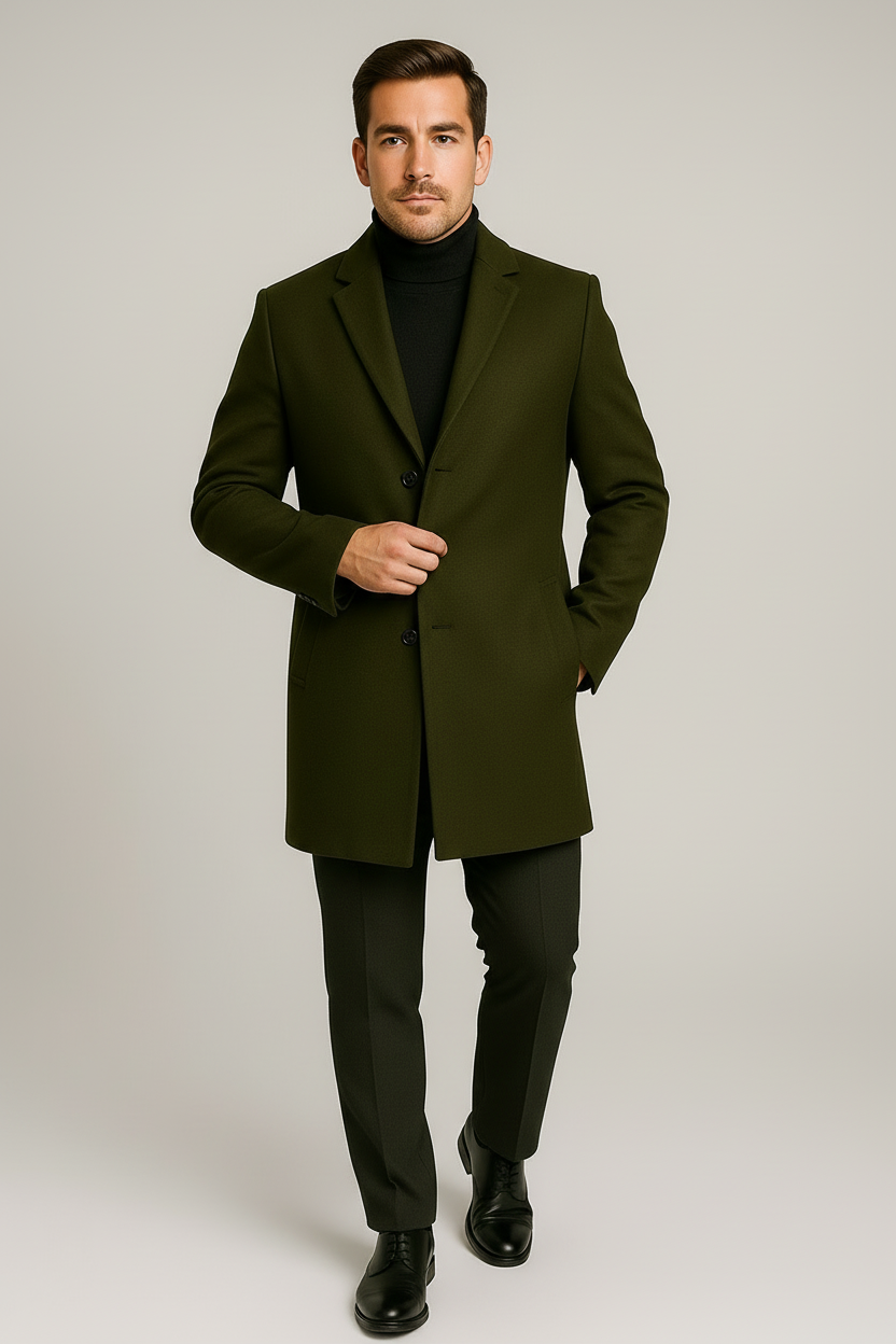 Men's long single-breasted overcoat notch lapel three-button classic polished winter coat