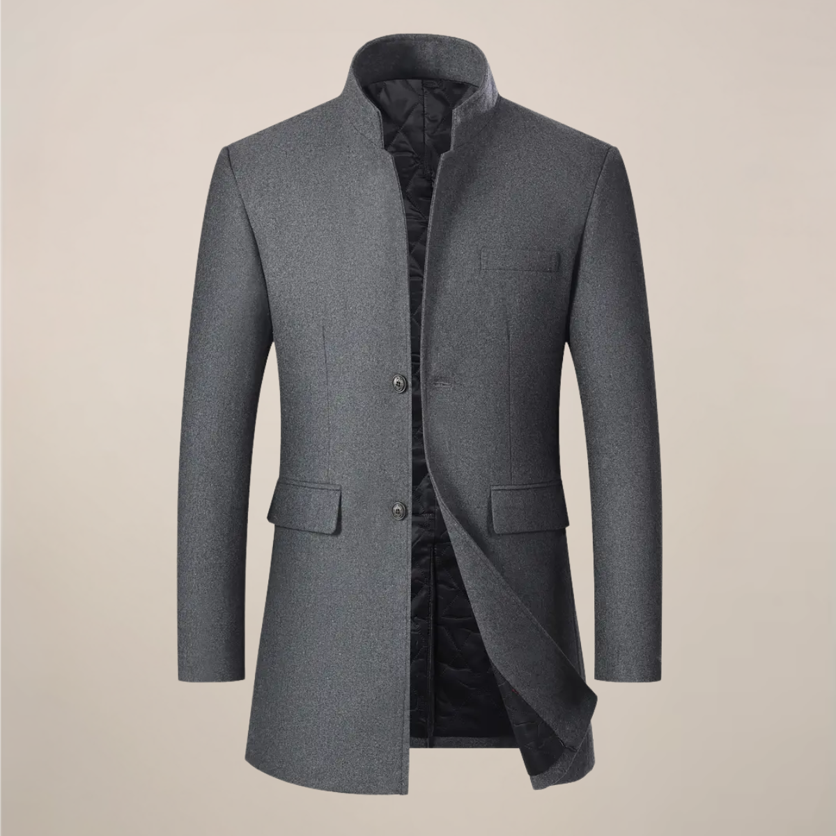 Men's slim fit long winter coat stand collar quilted lining polished style mid-thigh length
