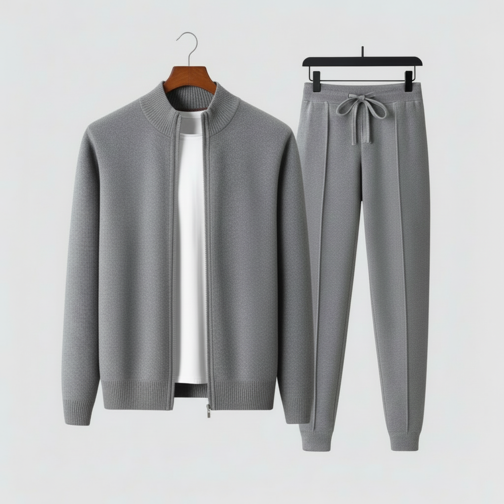 Men's gray zip-up lounge set with matching drawstring trousers, relaxed silhouette for refined casual wear