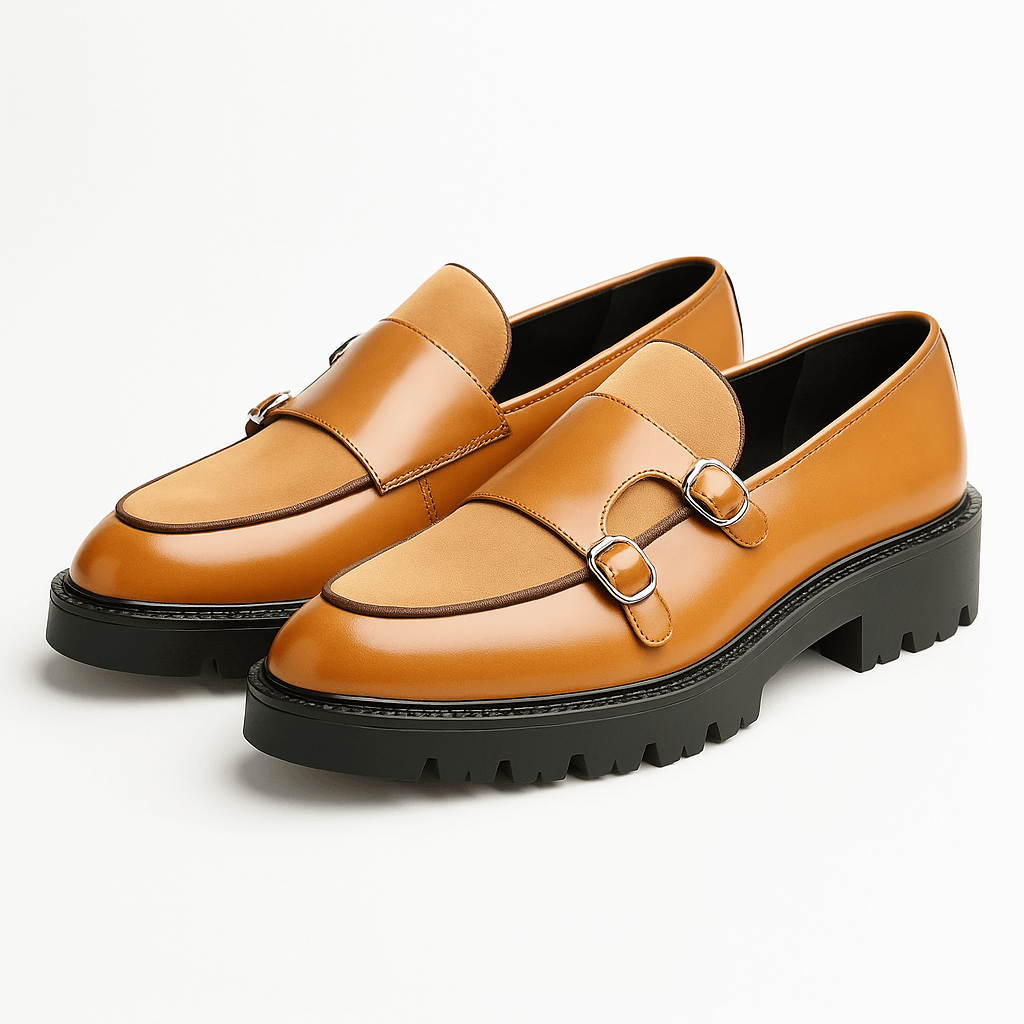 Men's black monk strap loafers dual silver buckle polished slip-on dress shoes sleek silhouette
