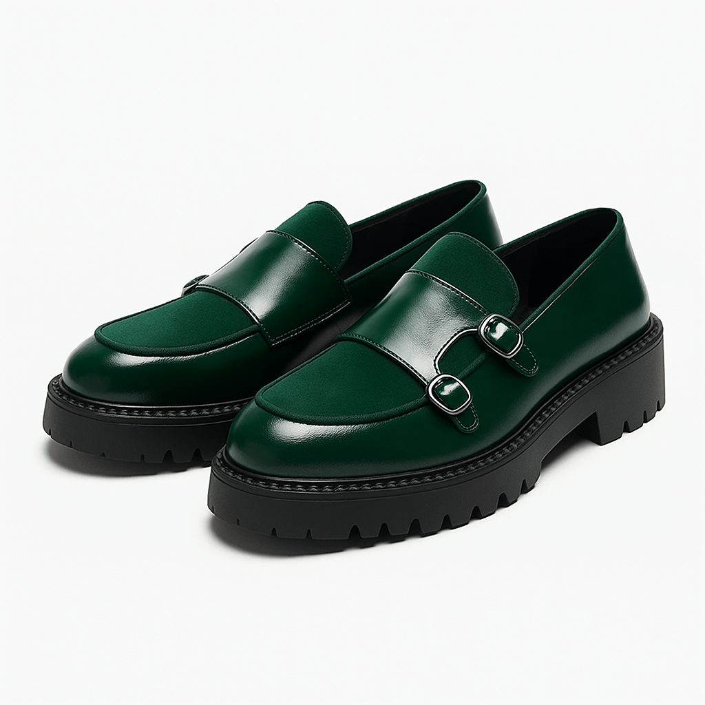 Men's dual buckle monk strap loafers in polished black leather with sleek slip-on silhouette