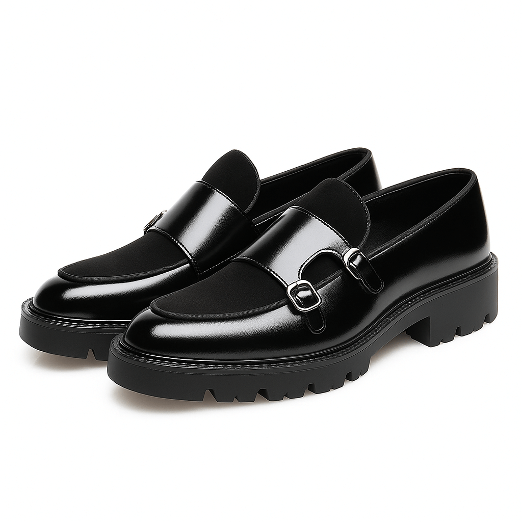 Men's dual buckle monk strap loafers in polished black leather with sleek slip-on silhouette