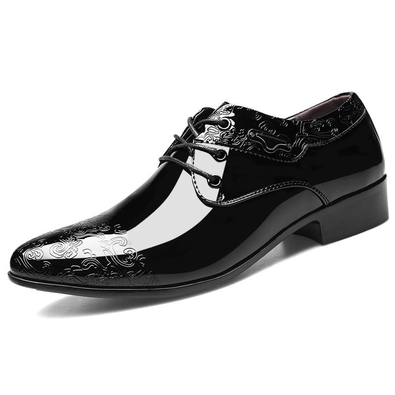 Men's black patent leather Derby shoes with embossed trim detail and high-shine formal lace-up style