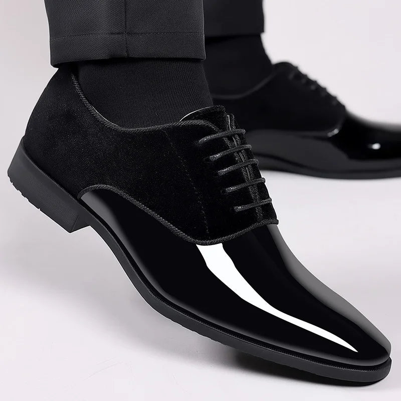 Men's black patent Oxford shoes velvet contrast upper polished formal black-tie footwear