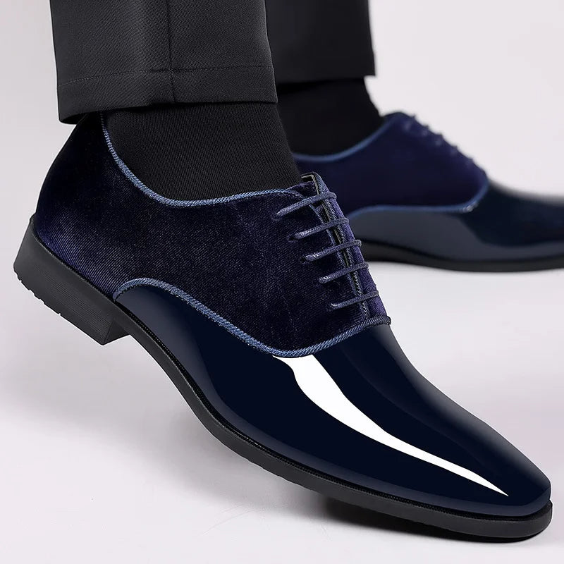 Men's black patent Oxford shoes velvet contrast upper formal black-tie footwear polished finish