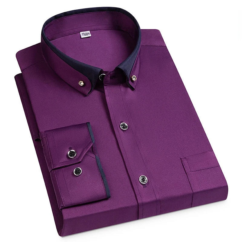 Men's plain smart casual shirt with contrasting two-tone collar and chest pocket, polished modern fit