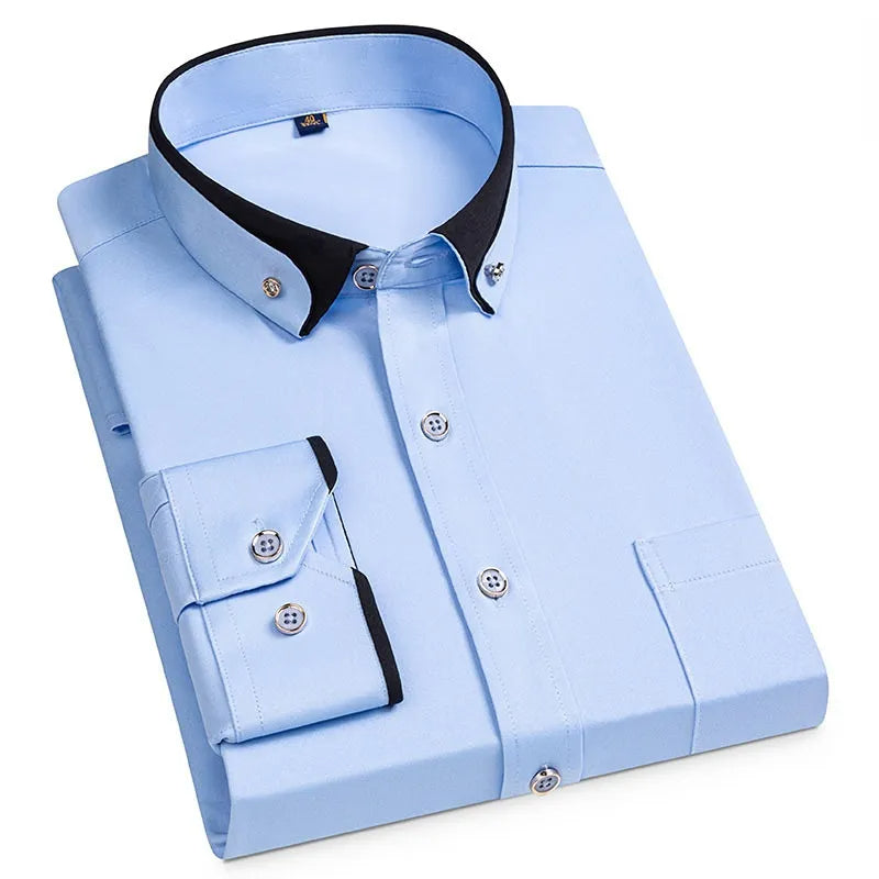 Men's white plain shirt with dark two-tone collar, chest pocket, smart casual polished fit