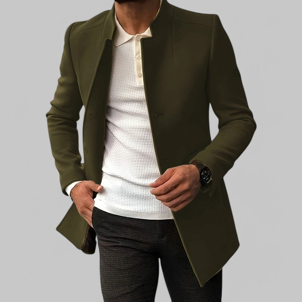 Men's minimalist tailored winter coat smart casual style with concealed button front closure