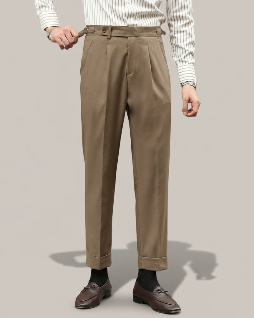 Men's high-waist straight-leg retro trousers with side adjusters and cuffed hem smart casual