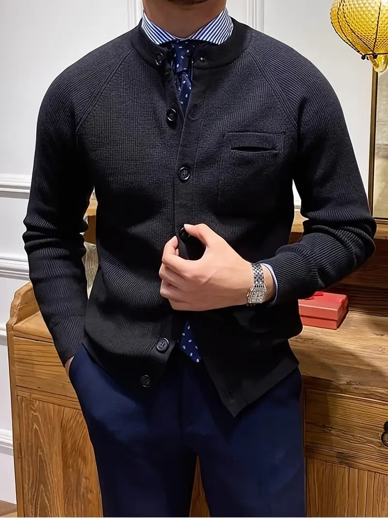 Men's ribbed navy cardigan sweater button front raglan sleeves structured welt chest pocket office style