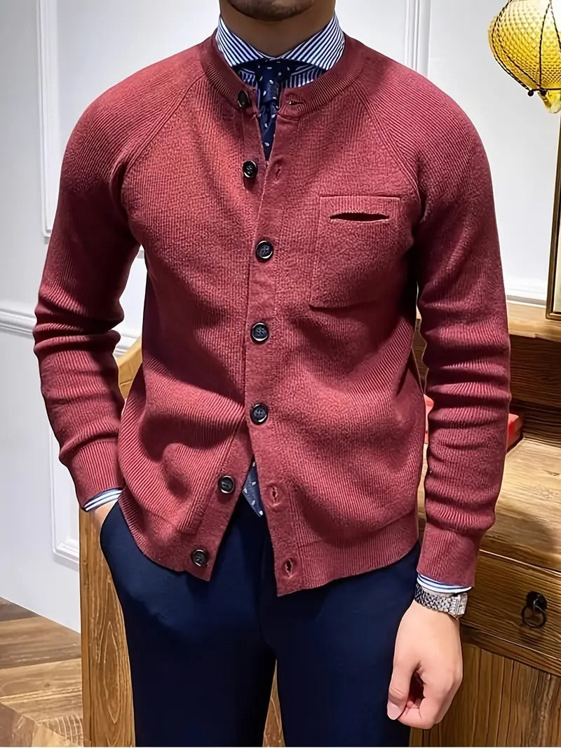 Men's ribbed navy cardigan sweater button front raglan sleeves structured welt chest pocket office style