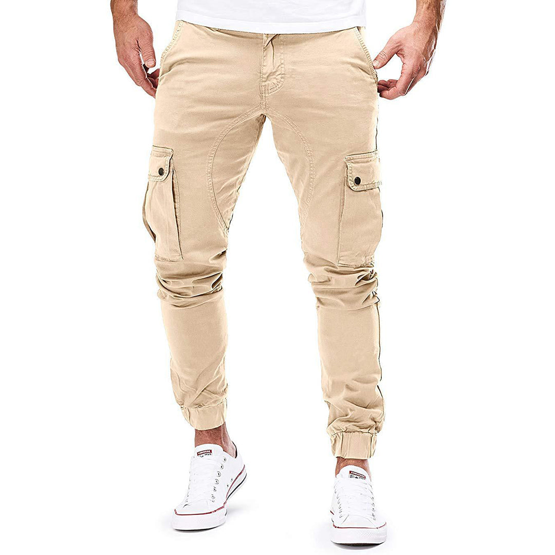Men's relaxed-fit cargo trousers in neutral tone with multiple utility pockets for outdoor adventures