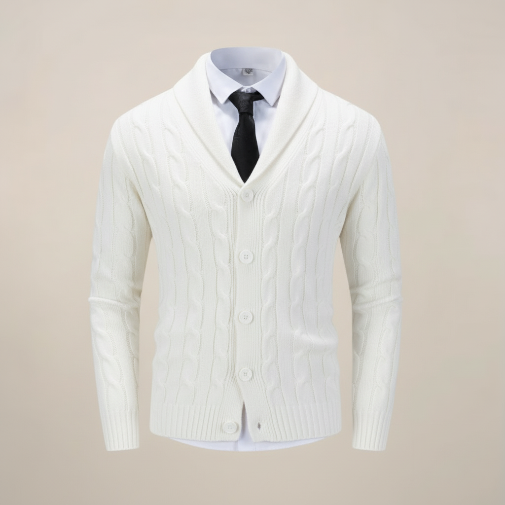 Men's chunky cable knit shawl collar cardigan in classic winter tones for smart casual layering