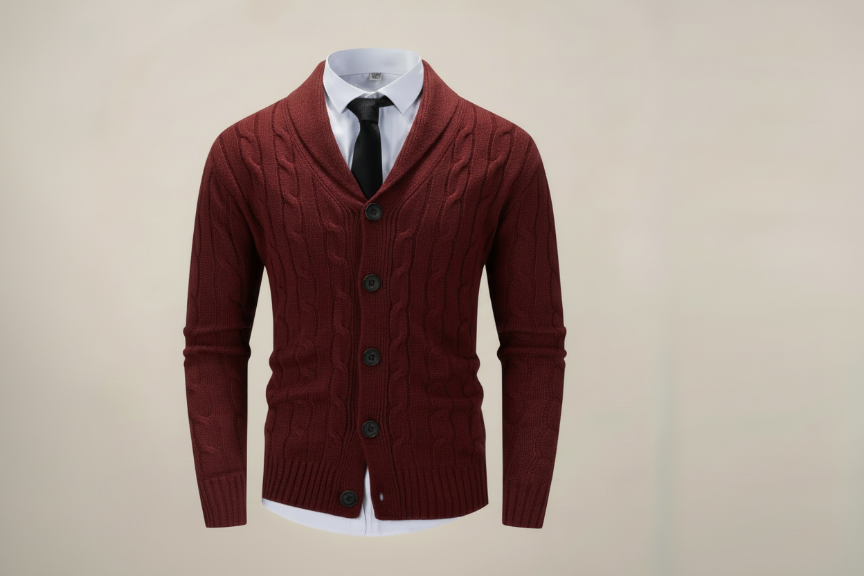 Men's dark cable knit shawl collar cardigan with chunky texture and button-up front for winter layering