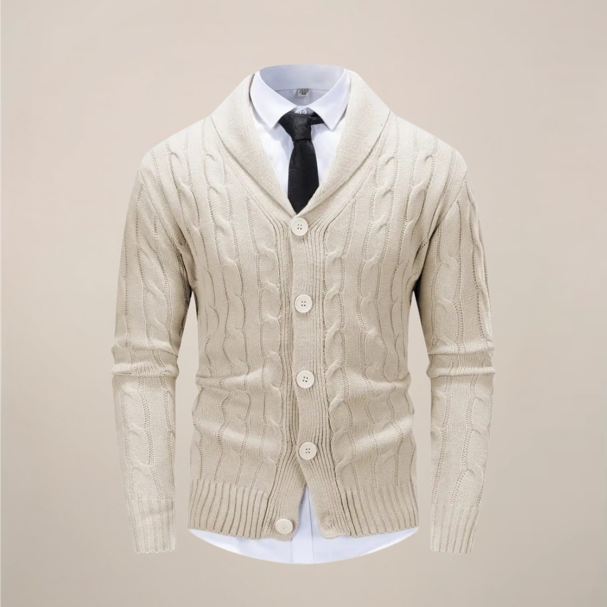 Men's dark cable knit shawl collar cardigan with chunky texture and button-up front for smart casual winter