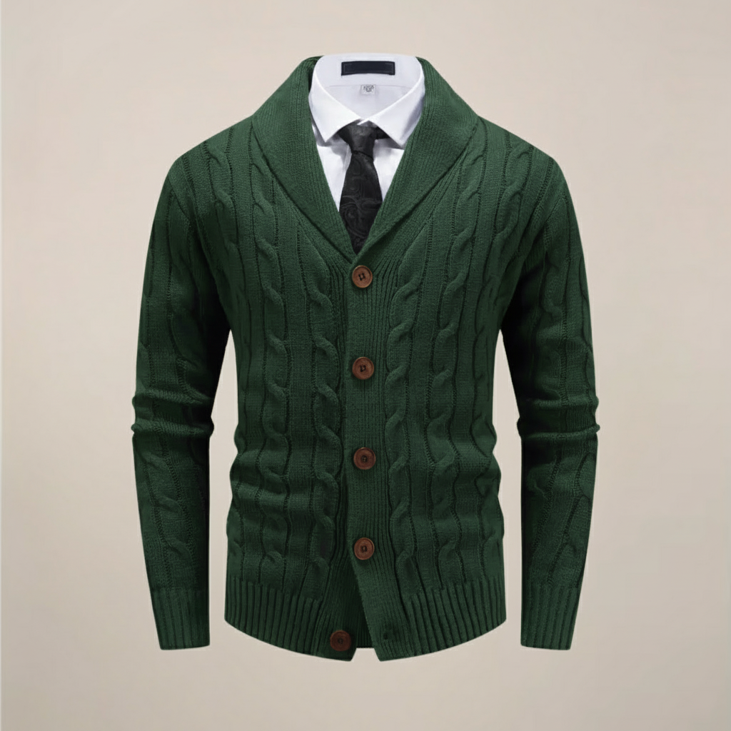 Men's gray chunky cable-knit shawl collar cardigan with button-up front for smart casual winter layering