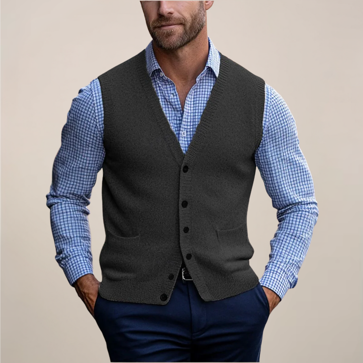 Men's tailored knit vest smart casual layering piece with button front spring essential