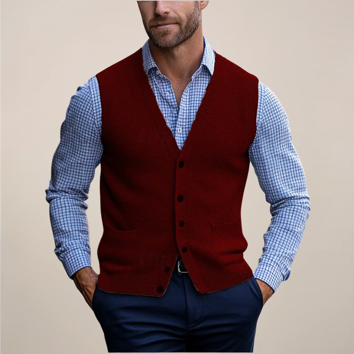 Men's tailored knit vest smart casual layering piece with button-front closure spring essential