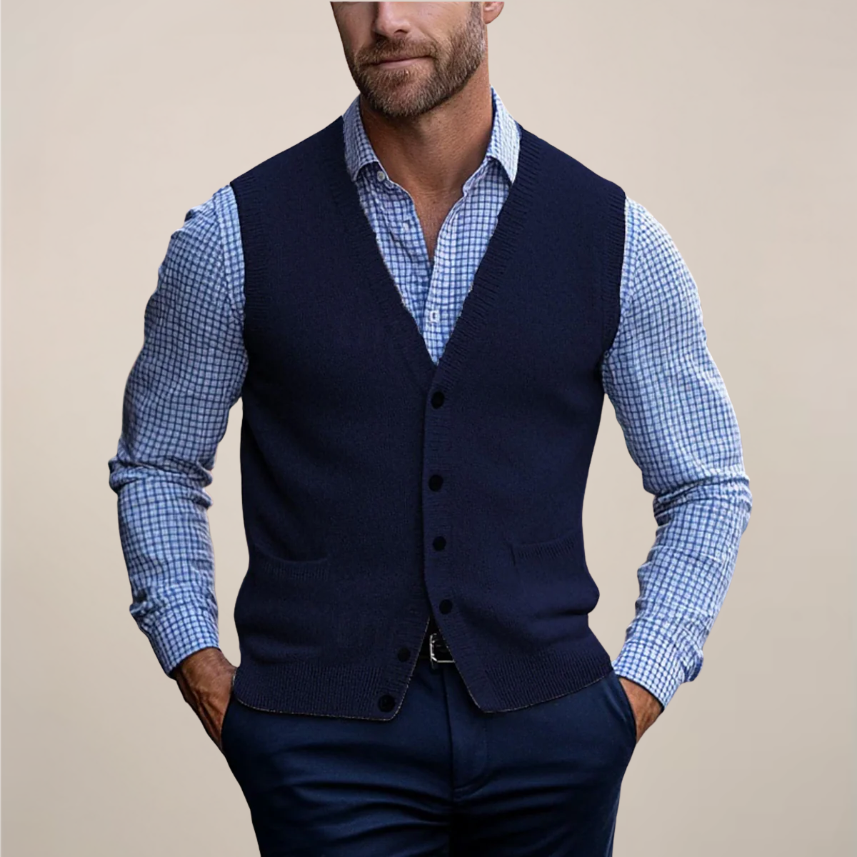 Men's beige buttoned knit vest tailored slim fit smart casual spring layering essential
