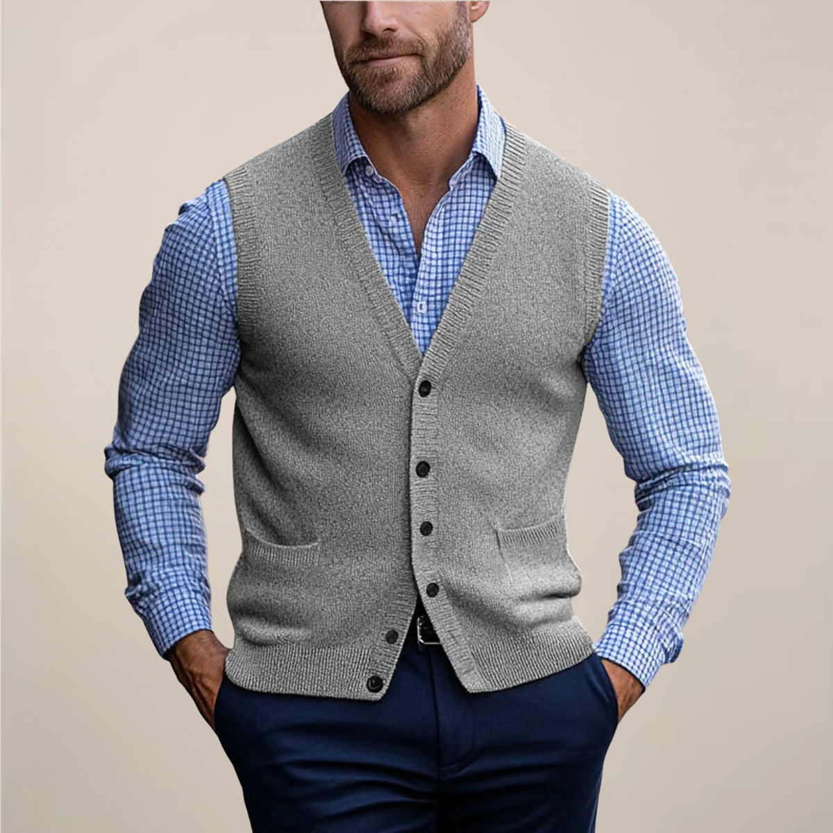 Men's tailored knit vest smart casual spring layering essential with button front closure