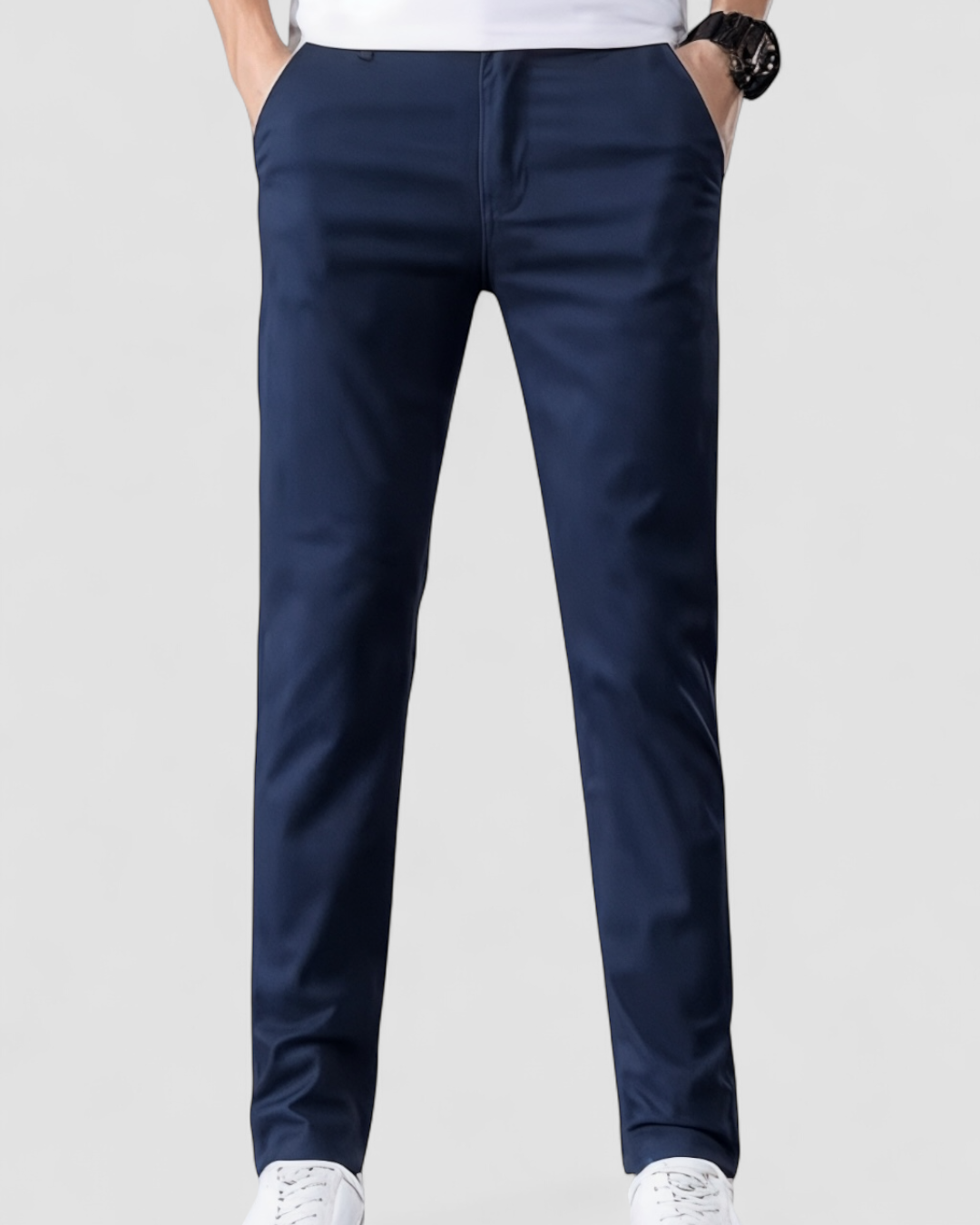 Men's slim fit navy business trousers ankle-grazing cut smart casual office style