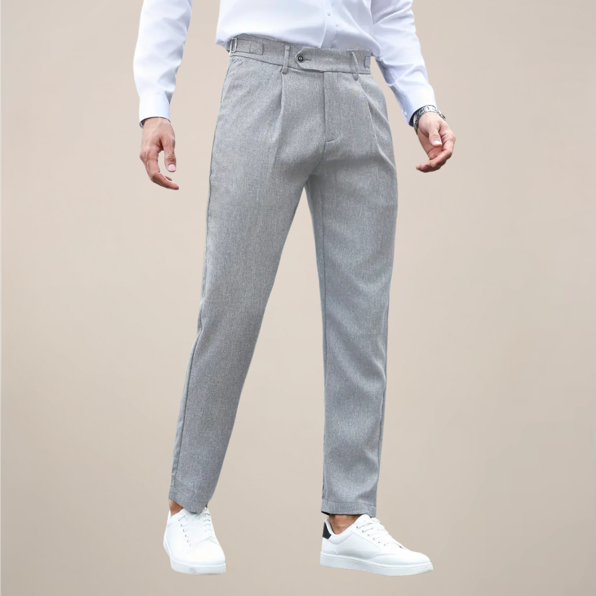 Men's slim fit pleated dress trousers, tailored silhouette with side adjusters for formal office wear