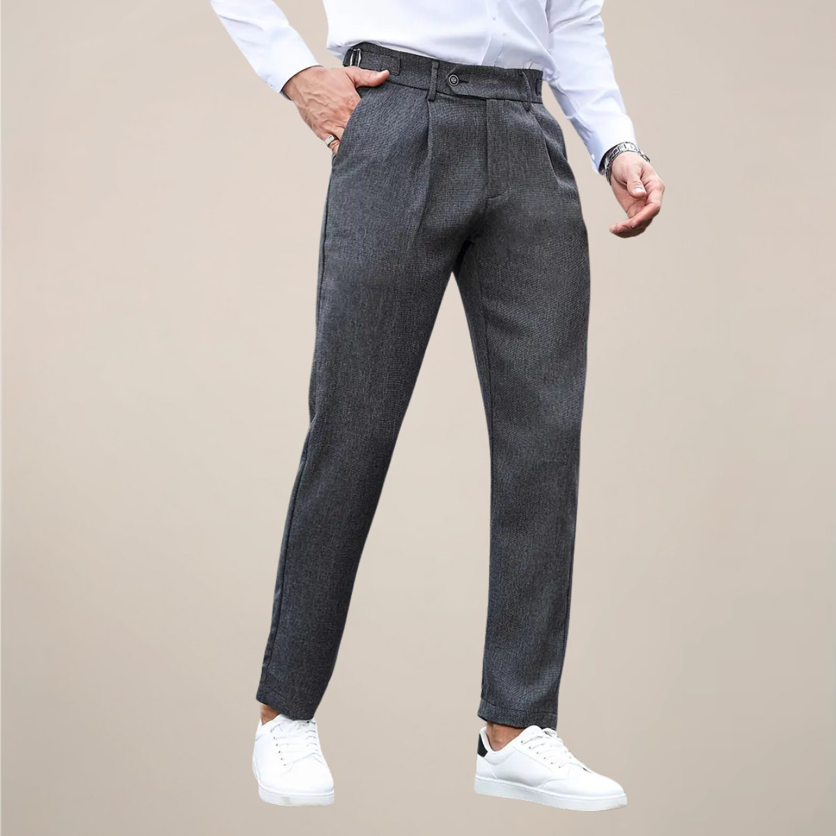 Men's slim fit pleated dress trousers, tailored cut with side adjusters for formal office wear