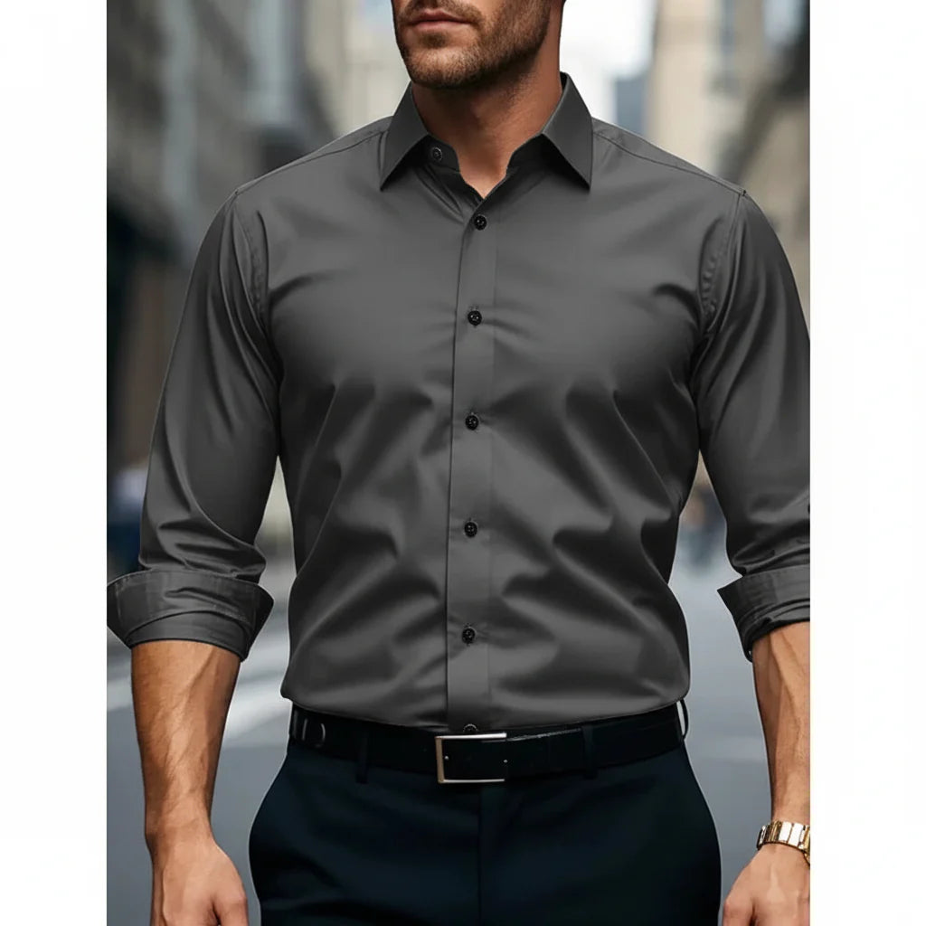 Men's white slim fit button-down shirt with tailored cut and classic collar for business