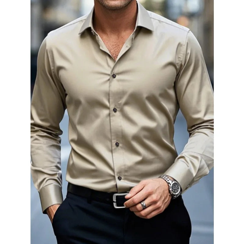 Men's white slim fit button-down shirt with tailored cut and classic collar for business wear