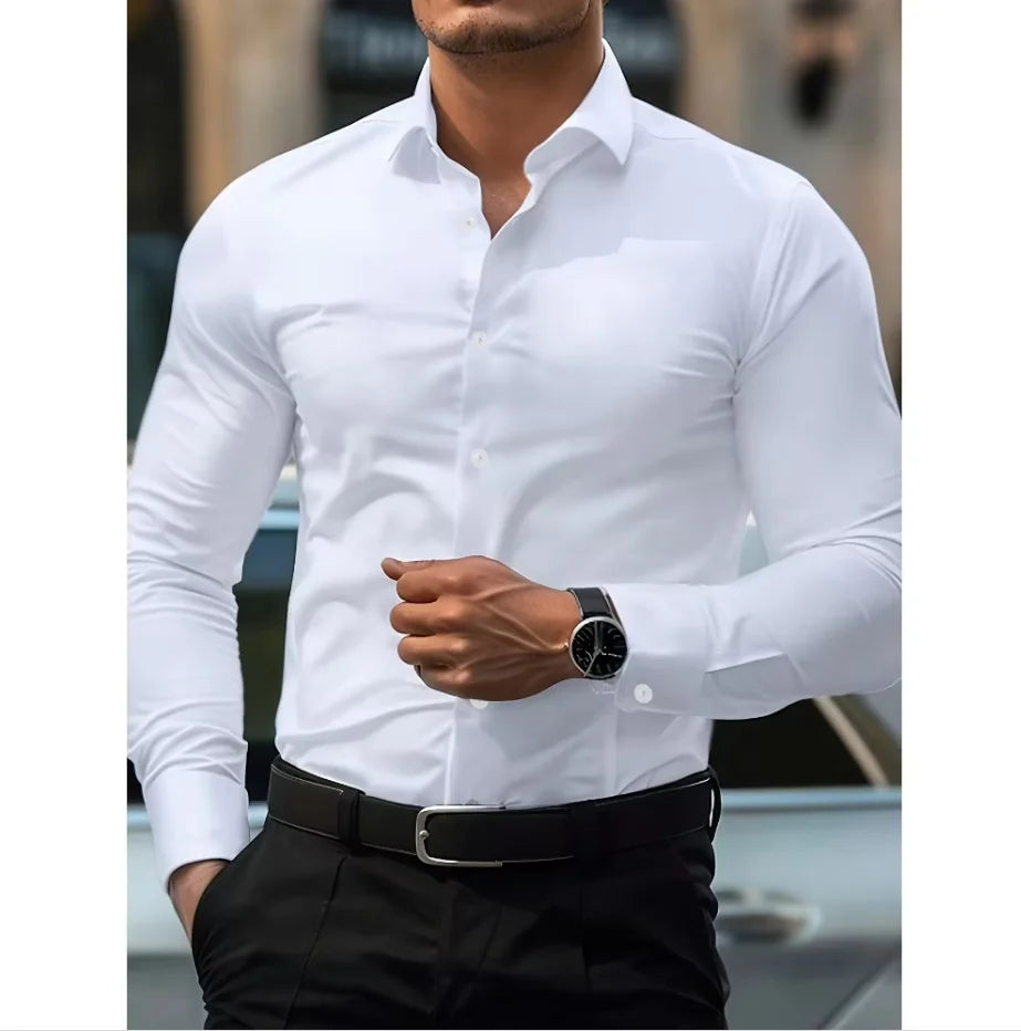 Men's slim fit white dress shirt tailored cut long sleeves classic collar business style