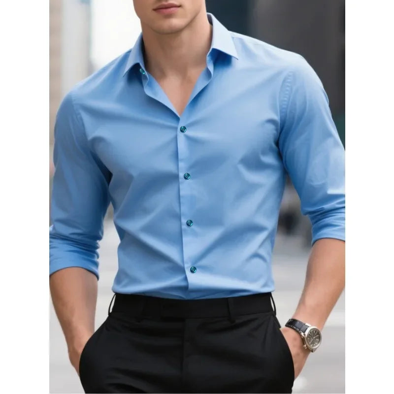 Men's slim fit white dress shirt tailored cut classic collar long sleeves business professional