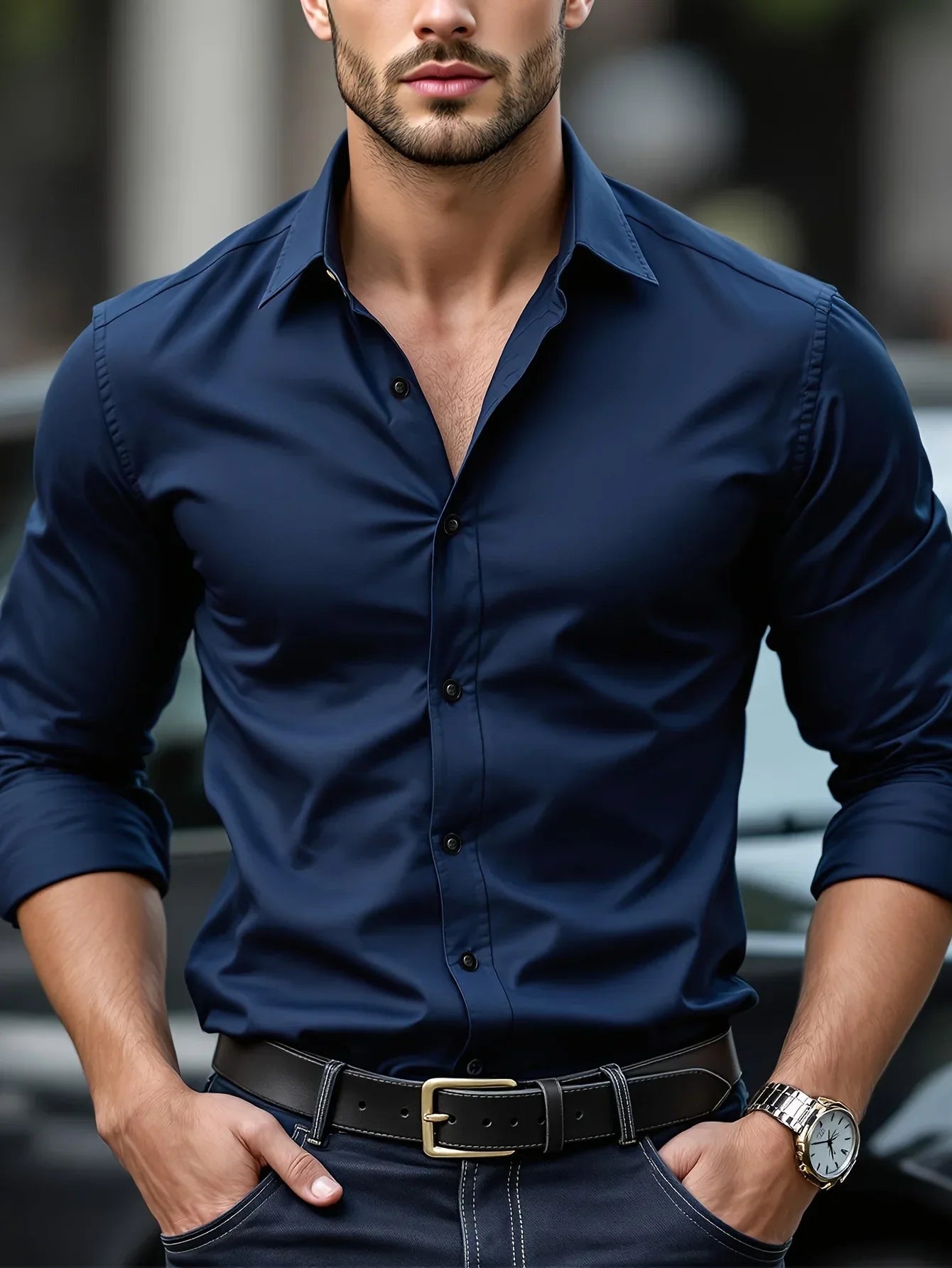 Men's slim fit white dress shirt tailored cut long sleeves classic collar business style