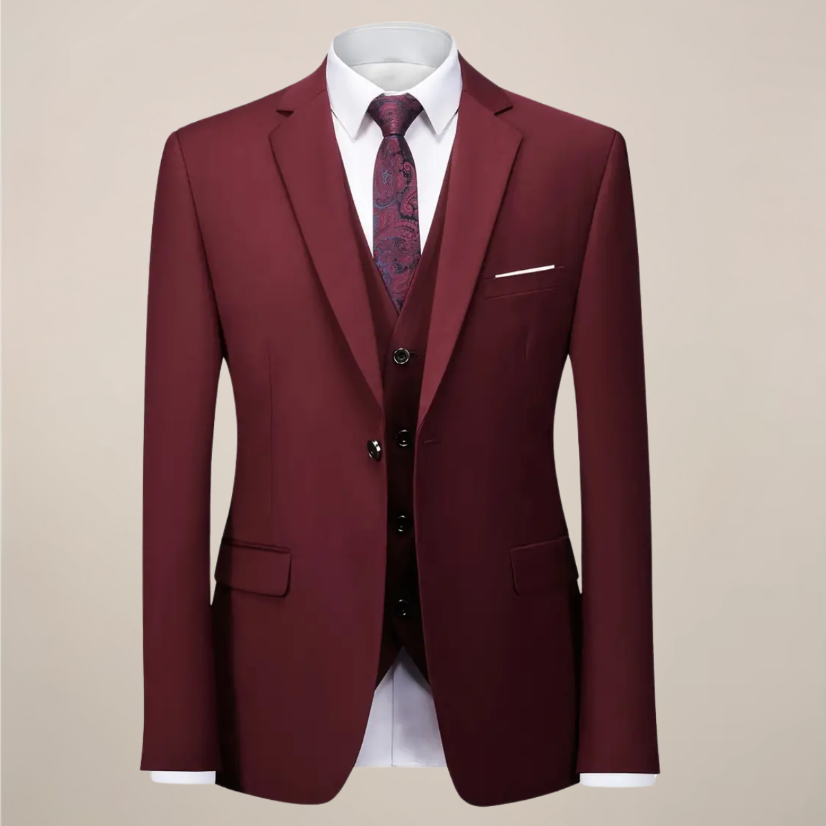 Men's slim fit burgundy three-piece suit with single-breasted blazer and matching waistcoat for weddings