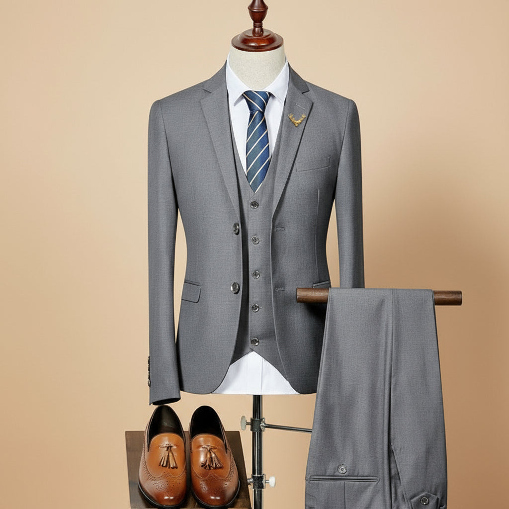 Men's slim fit three-piece suit charcoal tailored blazer waistcoat trousers formal wedding ensemble