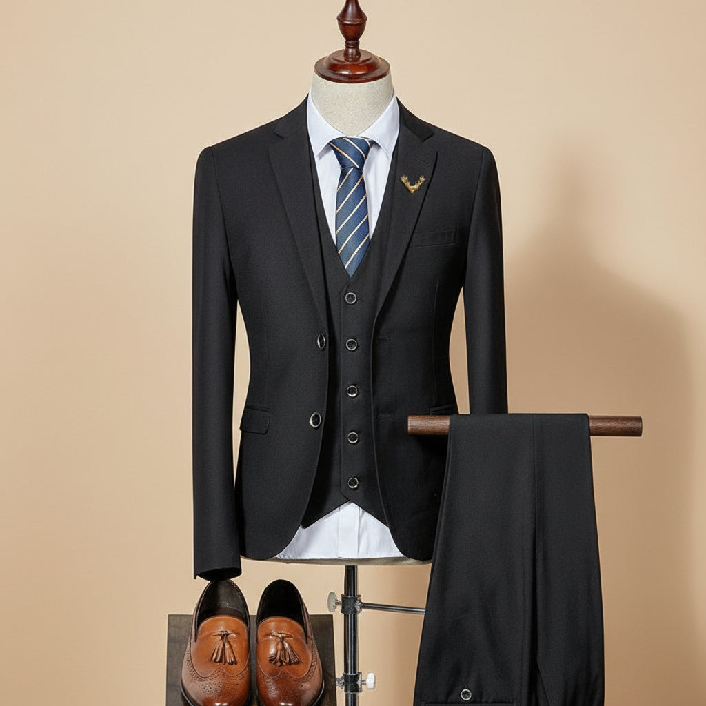 Men's slim fit three-piece suit with waistcoat, single-breasted blazer, tailored for weddings