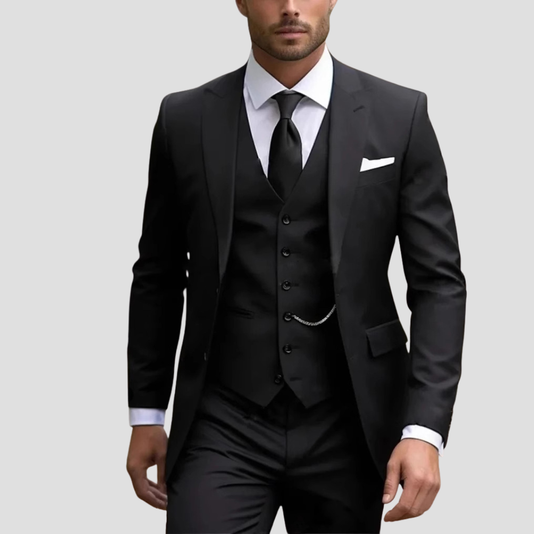 Black slim fit three-piece suit notch lapel single-breasted jacket with five-button waistcoat
