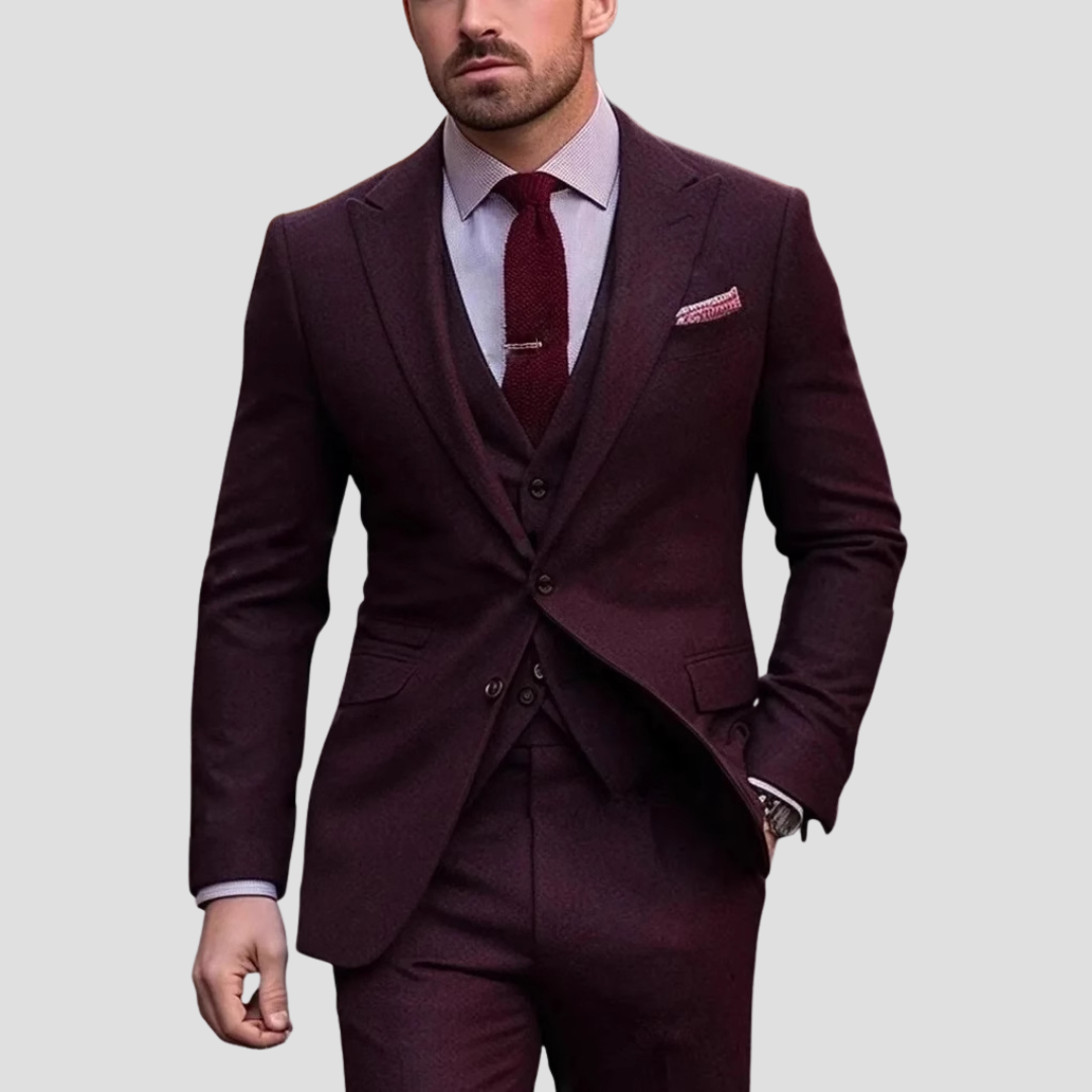 Black slim fit three-piece suit notch lapel single-breasted jacket with five-button waistcoat