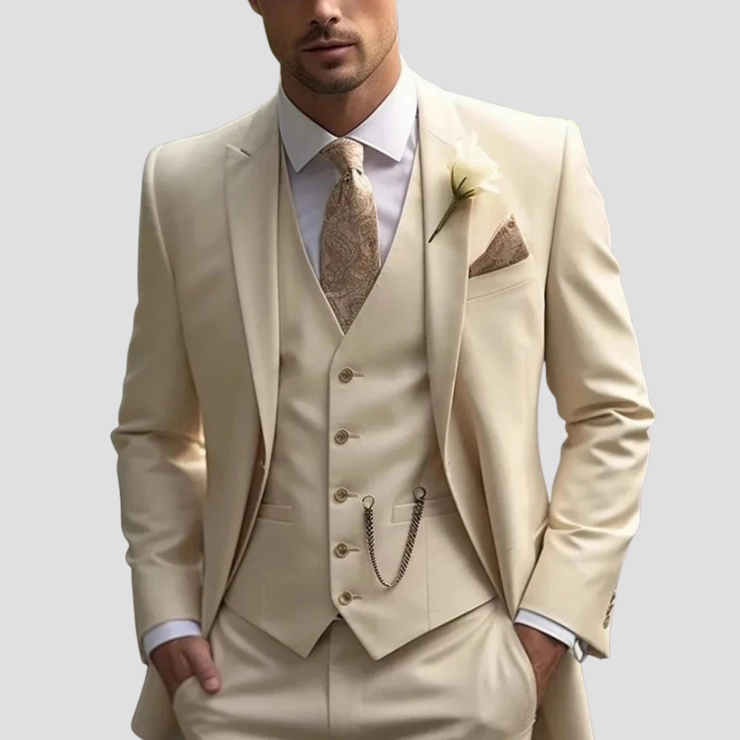 Black slim fit three-piece suit notch lapel single-breasted jacket with five-button waistcoat