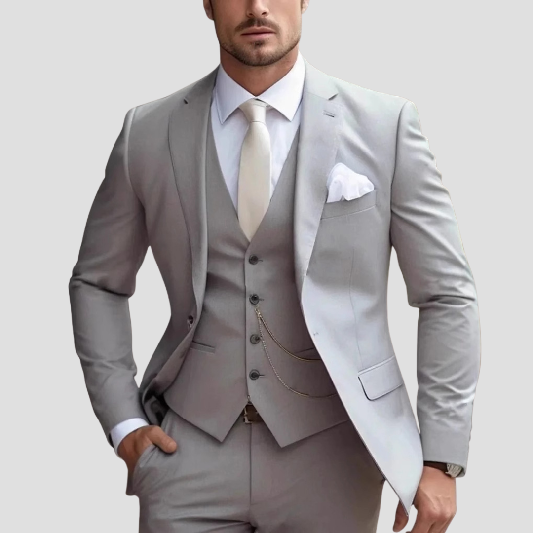 Black slim fit three-piece suit notch lapel single-breasted jacket with five-button waistcoat