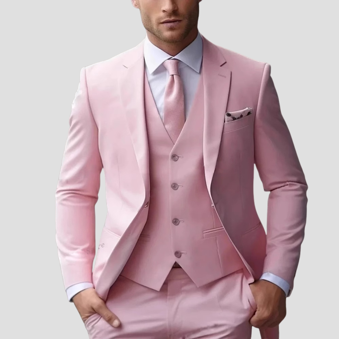 Black slim fit three-piece suit notch lapel single-breasted jacket with five-button waistcoat