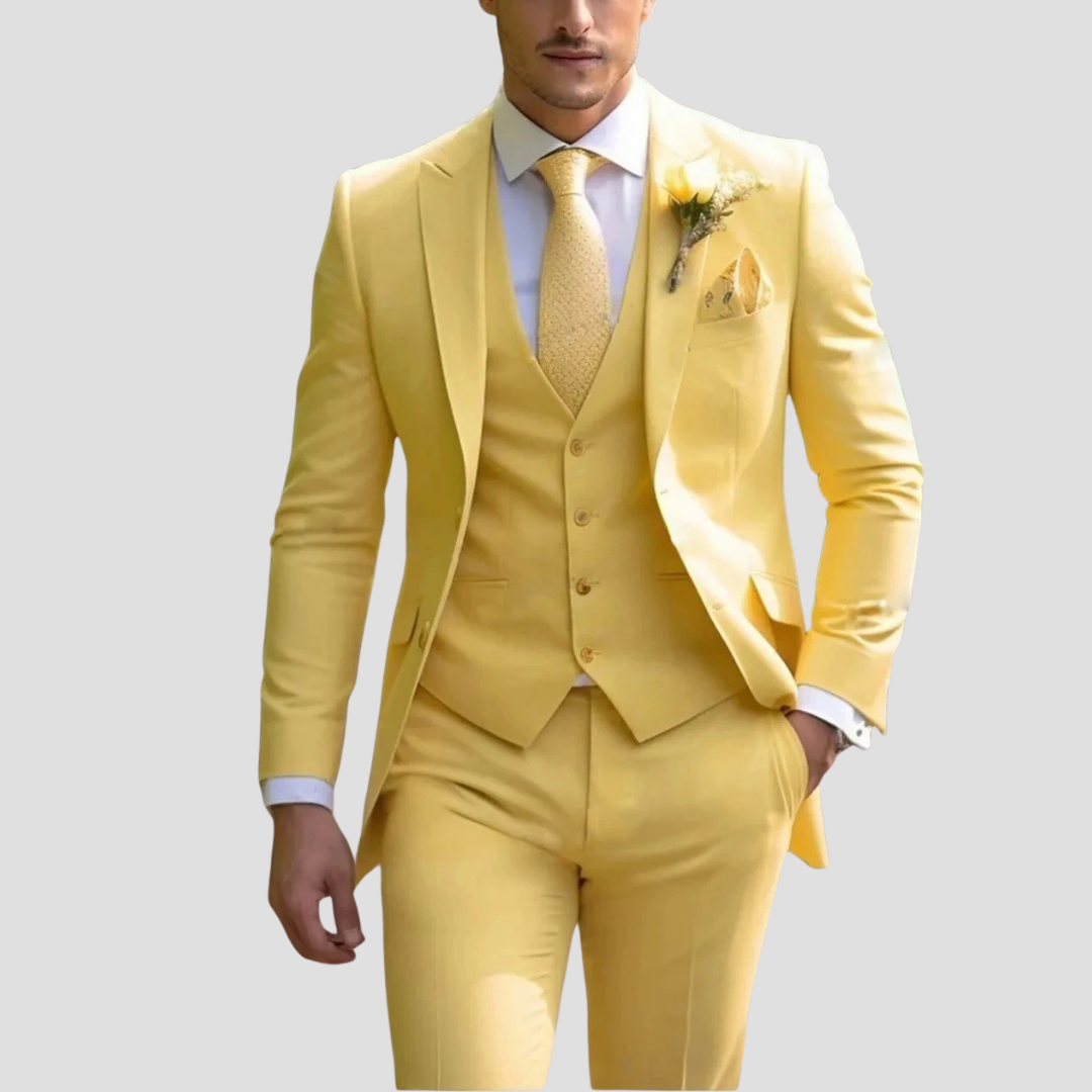 Black slim fit three-piece suit notch lapel single-breasted jacket with five-button waistcoat