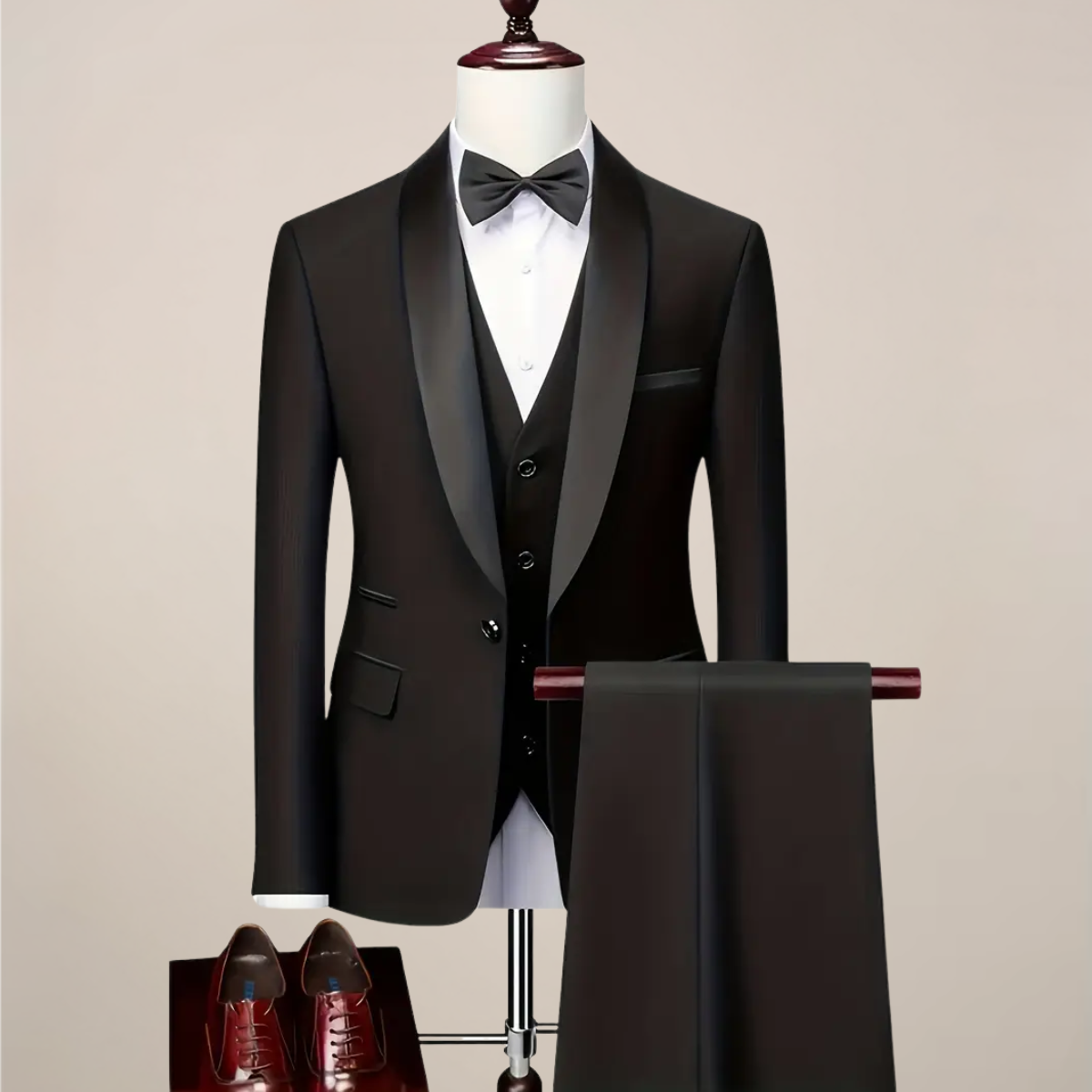 Men's slim fit three-piece black tuxedo suit with satin lapels, waistcoat, tailored formalwear