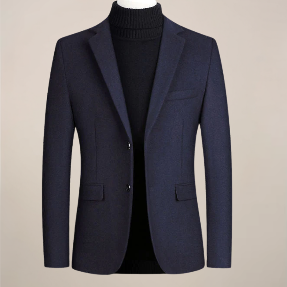 Men's navy tailored blazer sharp lapels structured fit smart casual office-to-evening professional jacket