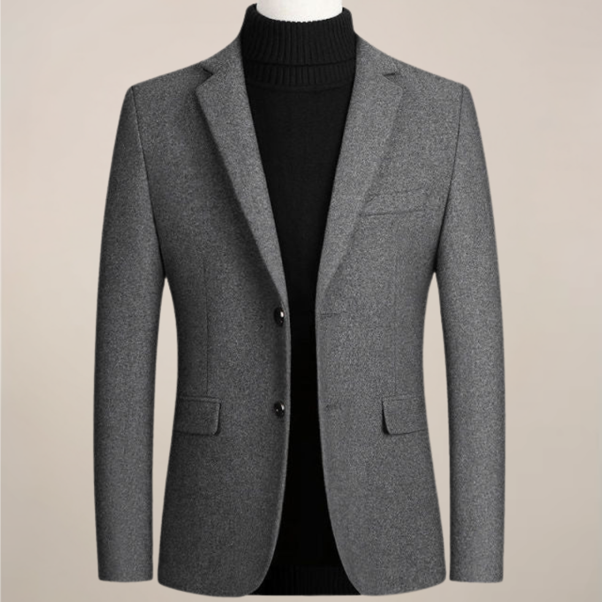 Men's slim-fit smart casual blazer, two-button tailored jacket with structured shoulders for professionals