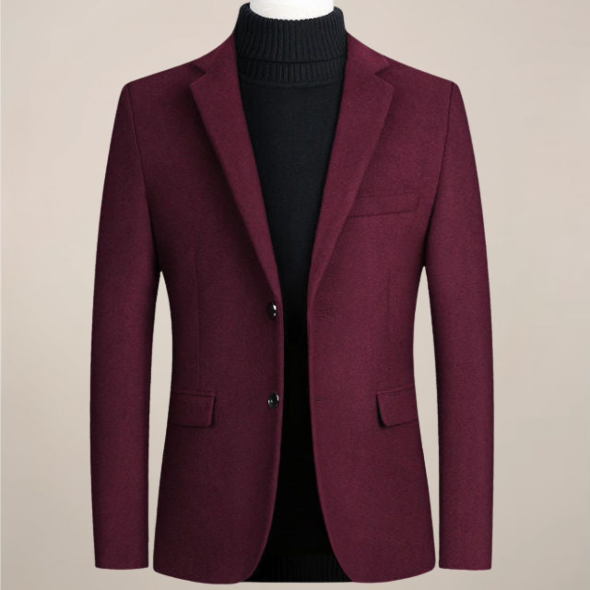 Men's navy slim-fit tailored blazer with two-button closure and structured shoulders for professionals