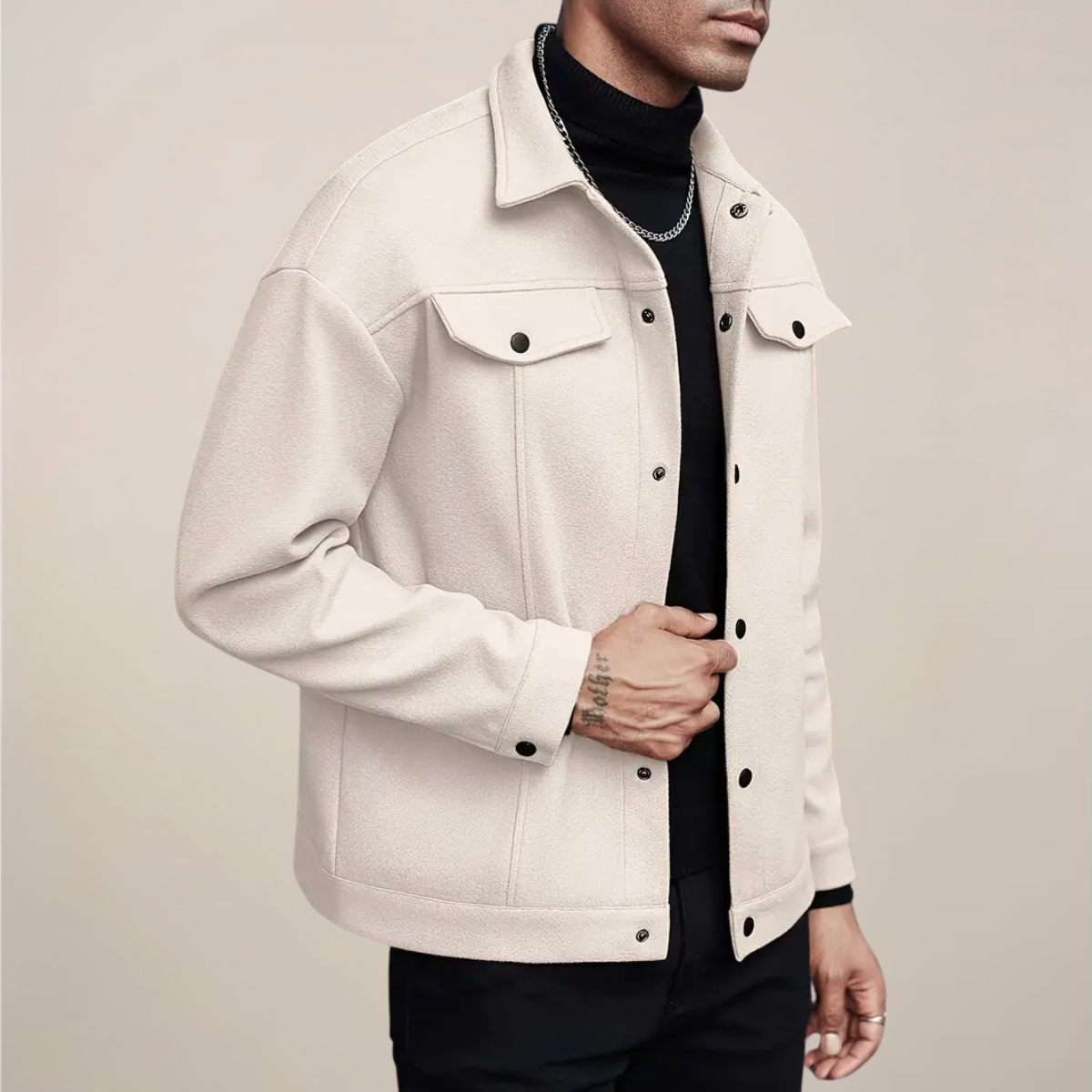 Men's short button-up smart casual jacket structured collar relaxed fit autumn winter layering coat