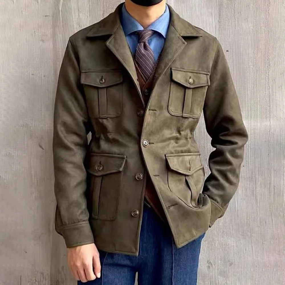 Men's brown suede-look hunting jacket with four pockets, button front, and notch collar heritage style
