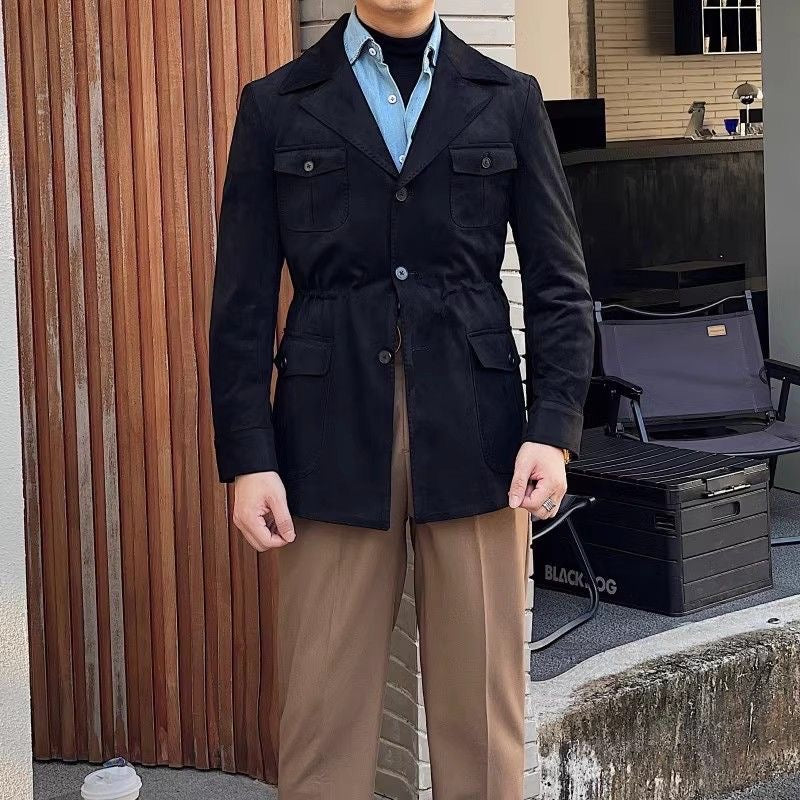 Men's brown suede-look hunting jacket with four pockets, button front, and notch collar heritage style