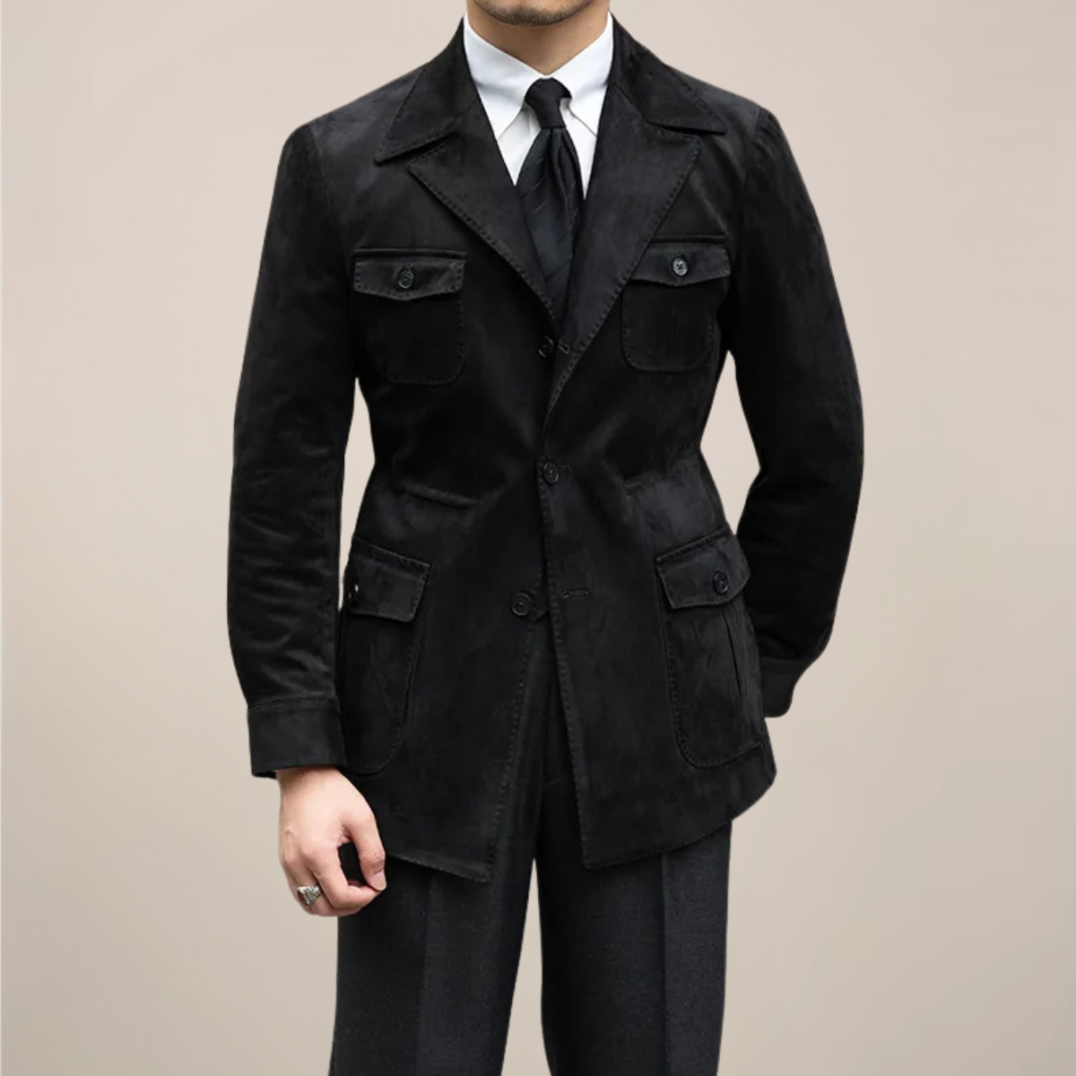 Men's slim-fit suede safari jacket with four-pocket design in neutral tone for refined everyday wear