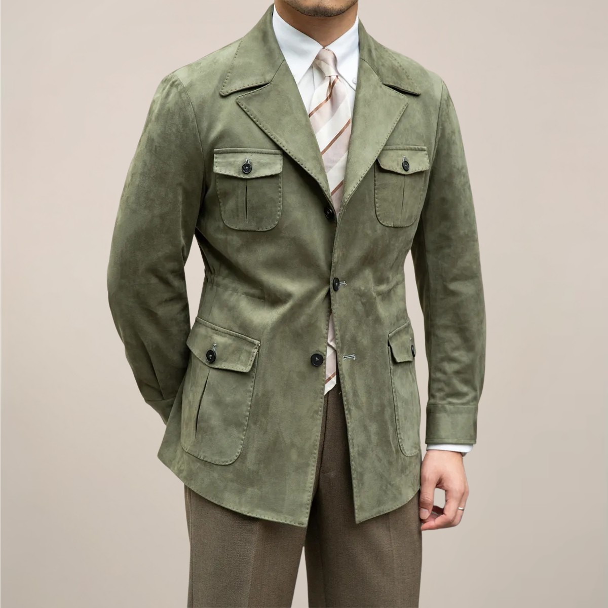 Men's slim-fit suede safari jacket with four-pocket design in neutral tone for refined everyday wear